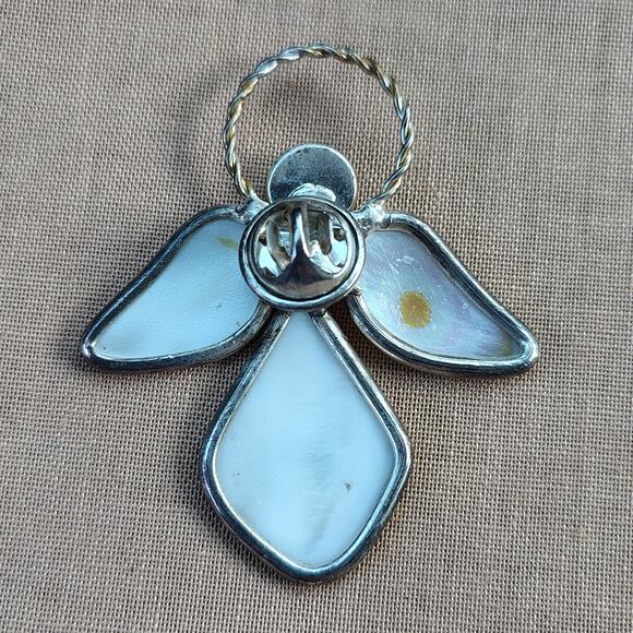 Joy Angel Lapel Pin Silver Tone and White Mother of Pearl - Picture 3 of 9